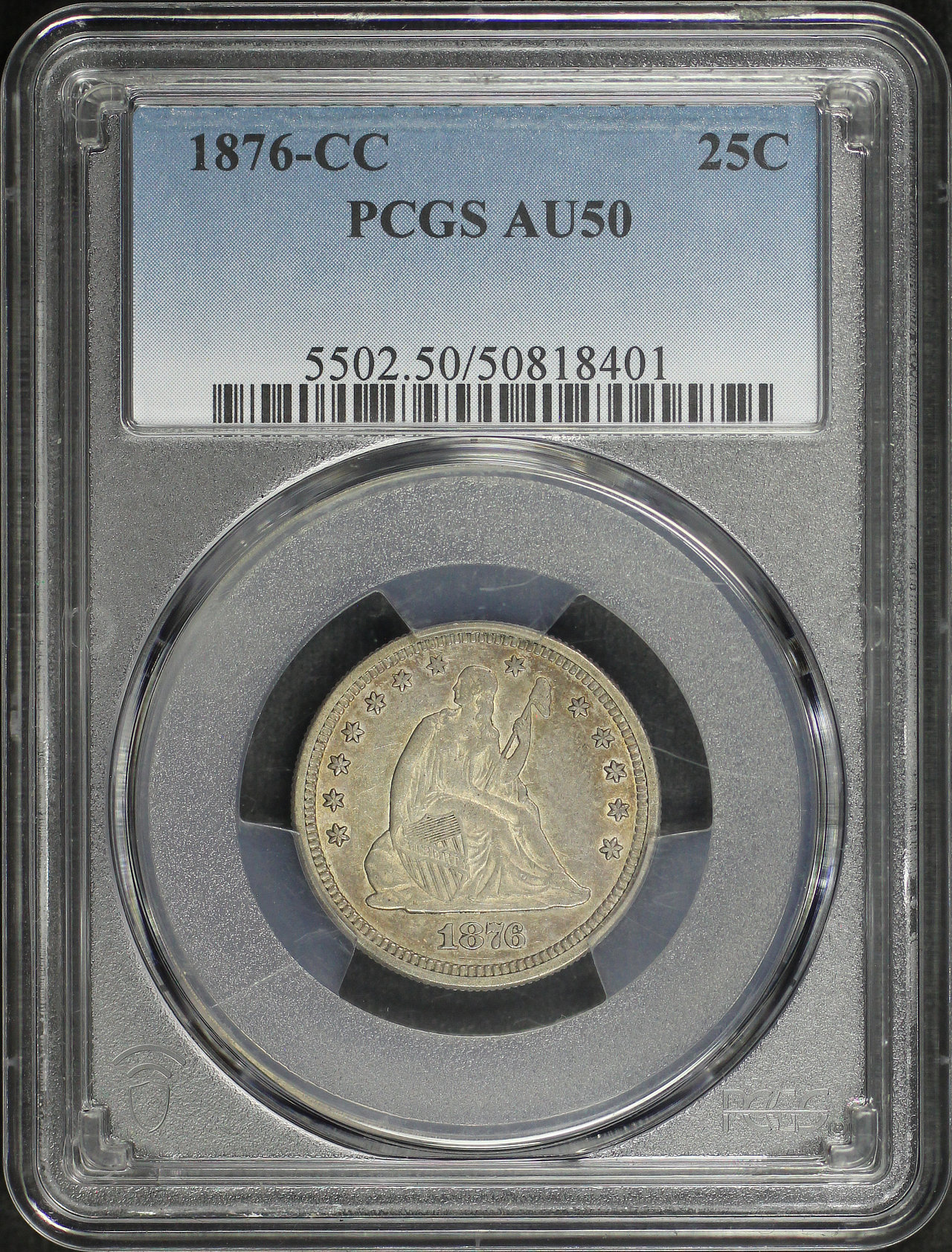 Obverse of this 1876-CC Liberty Seated Quarter PCGS AU-50