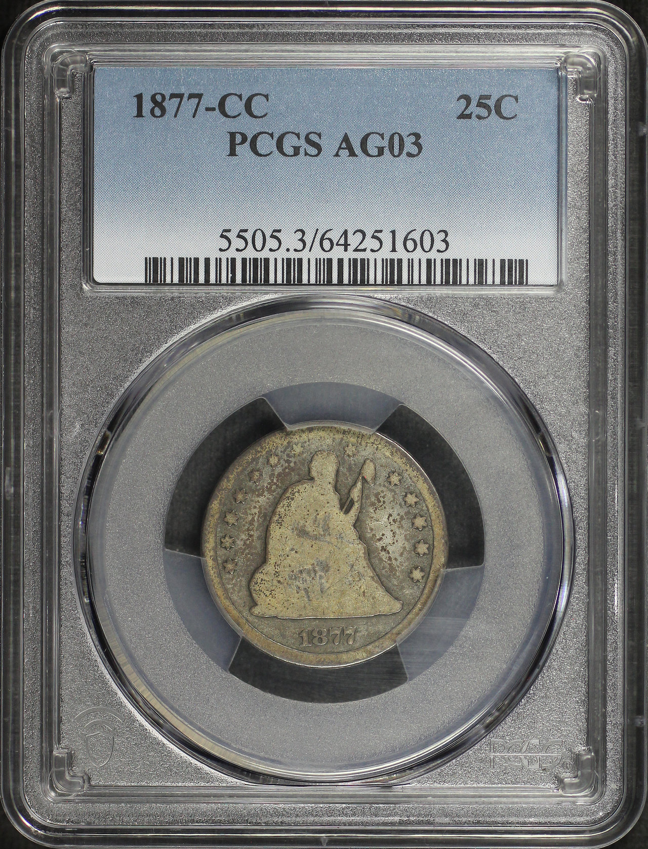 Obverse of this 1877-CC Liberty Seated Quarter PCGS AG-03