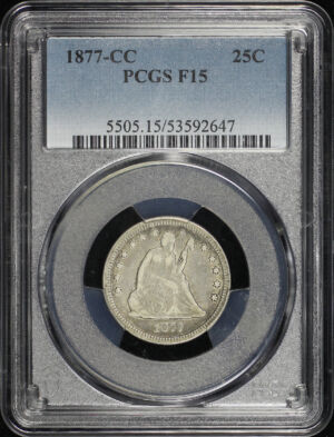 Obverse of this 1877-CC Liberty Seated Quarter PCGS F-15