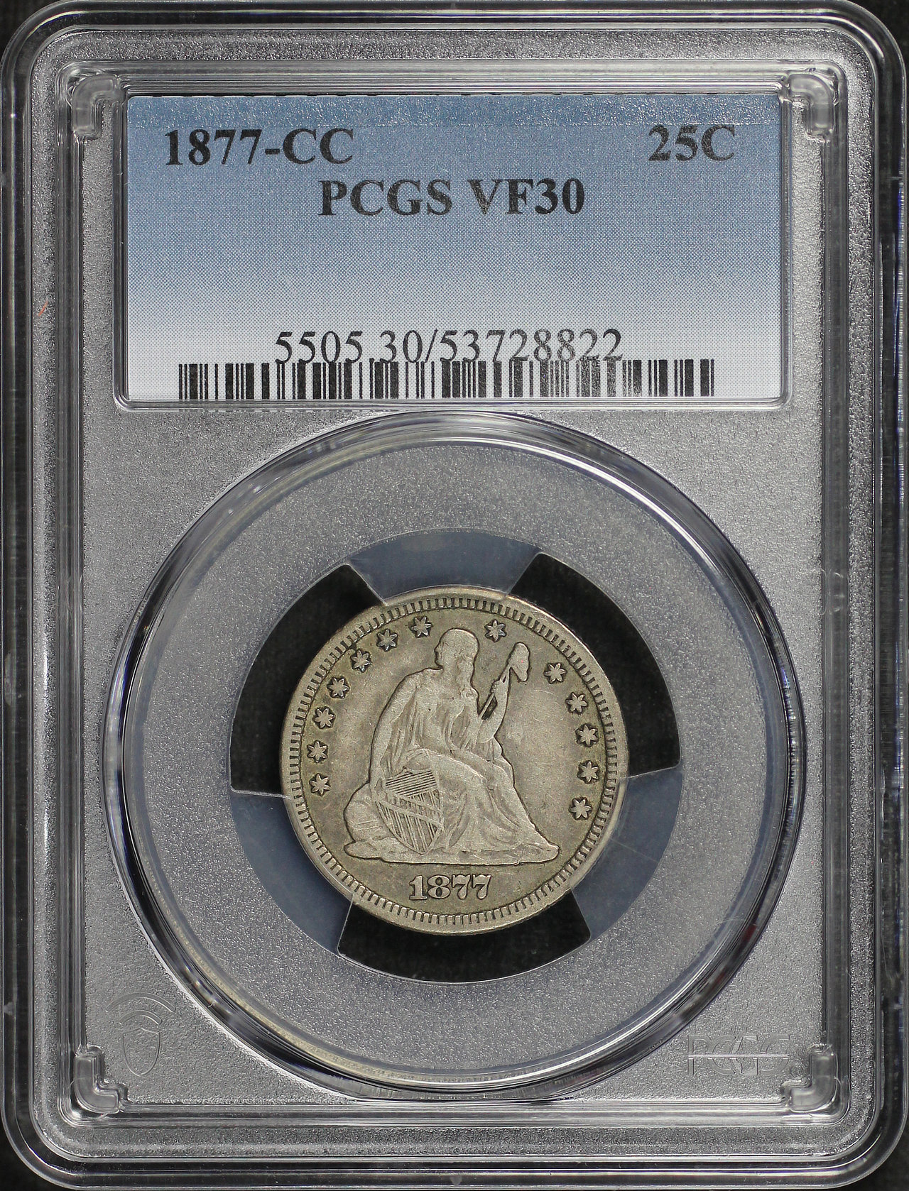 Obverse of this 1877-CC Liberty Seated Quarter PCGS VF-30