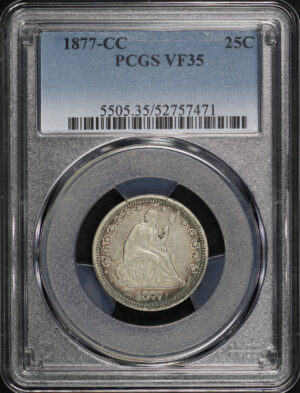 Obverse of this 1877-CC Liberty Seated Quarter PCGS VF-35