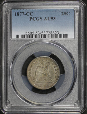 Obverse of this 1877-CC Liberty Seated Quarter PCGS AU-53