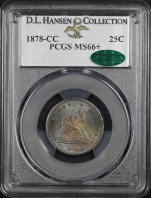 Obverse of this 1878-CC Liberty Seated Quarter PCGS MS-66+ CAC Rainbow Toning & D.L. Hansen Collection Label