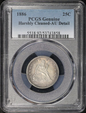 Obverse of this 1886 Liberty Seated Quarter PCGS AU Details Harshly Cleaned