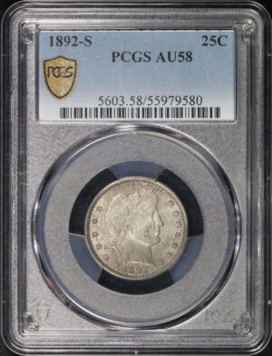 Obverse of this 1892-S Barber Quarter PCGS AU-58