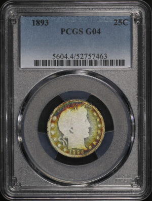 Obverse of this 1893 Barber Quarter PCGS G-04 – Rainbow Rim Toning, Great For Lowball Set! 