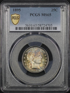Obverse of this 1895 Barber Quarter PCGS MS-65 Rainbow Toning