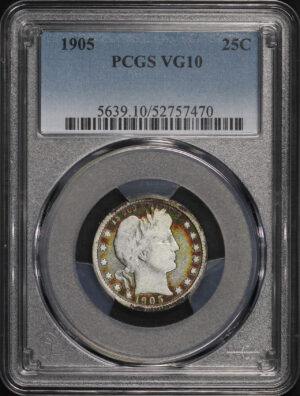 Obverse of this 1905 Barber Quarter PCGS VG-10 – Rainbow Obverse Rim Toning