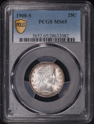 Obverse of this 1908-S Barber Quarter PCGS MS-65