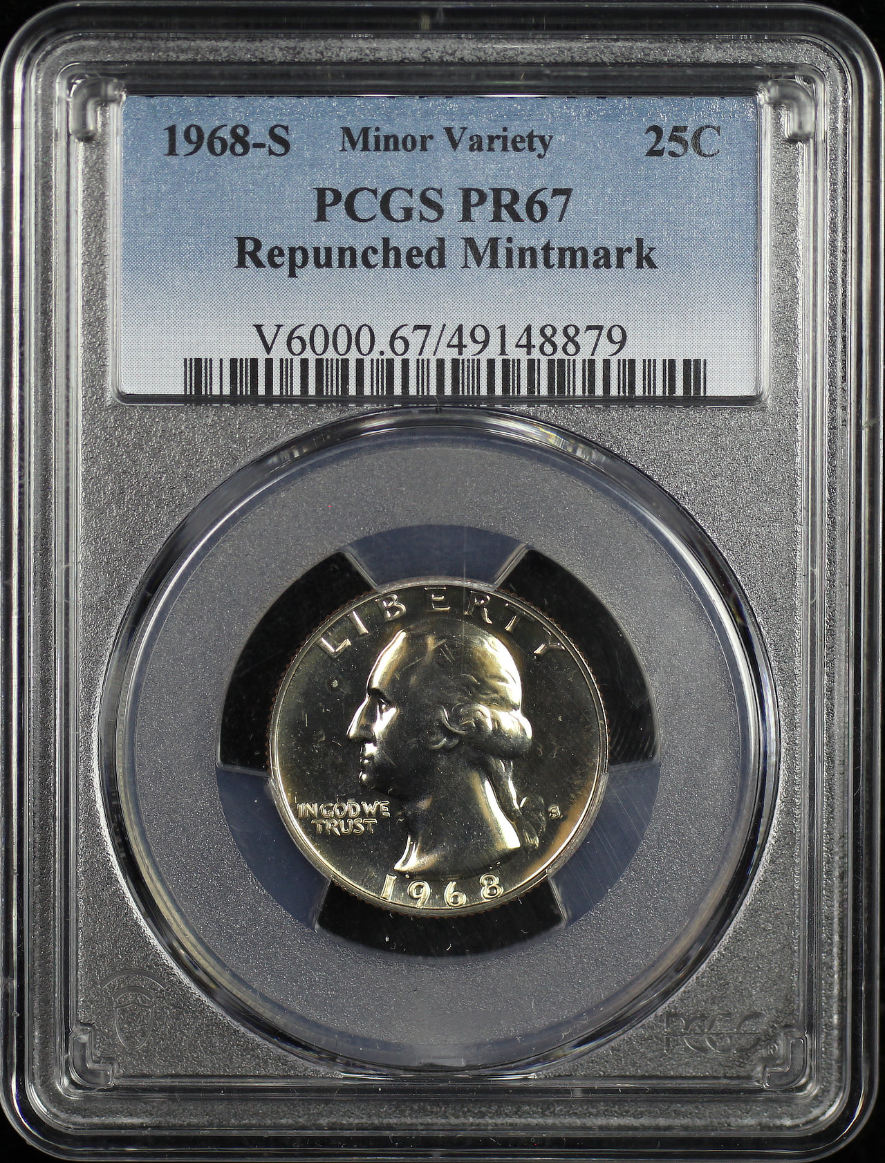 Obverse of this 1968-S Washington Quarter Repunched Mintmark Minor Variety PCGS PR-67