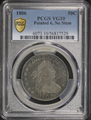 Obverse of this 1806 Draped Bust Half Dollar Pointed 6, No Stem PCGS VG-10