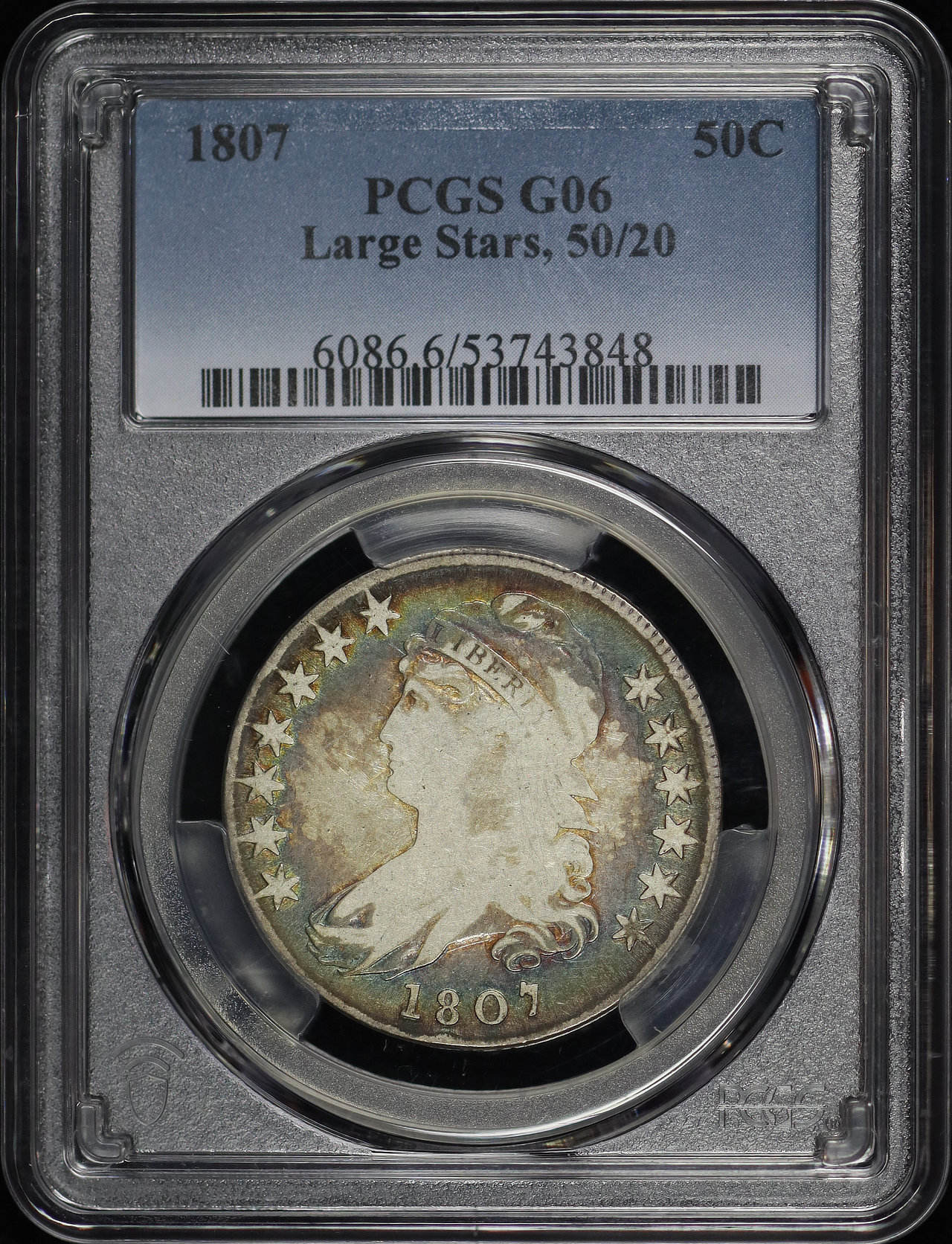 Obverse of this 1807 Capped Bust Half Dollar Large Stars 50/20 PCGS G-06