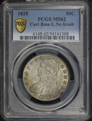 Obverse of this 1828 Capped Bust Half Dollar Curl Base 2, No Knob PCGS MS-62