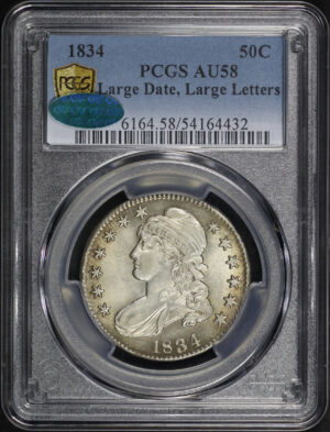 Obverse of this 1834 Capped Bust Half Dollar Large Date, Letters PCGS AU-58 CAC