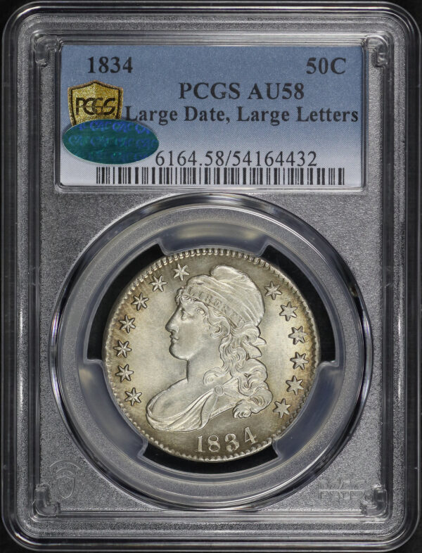Obverse of this 1834 Capped Bust Half Dollar Large Date, Letters PCGS AU-58 CAC