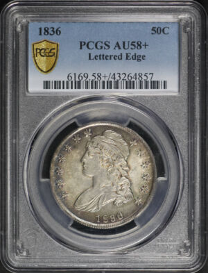 Obverse of this 1836 Capped Bust Half Dollar Lettered Edge PCGS AU-58+