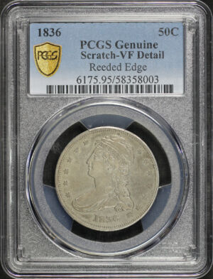 Obverse of this 1836 Capped Bust Half Dollar Reeded Edge PCGS VF Details Scratch