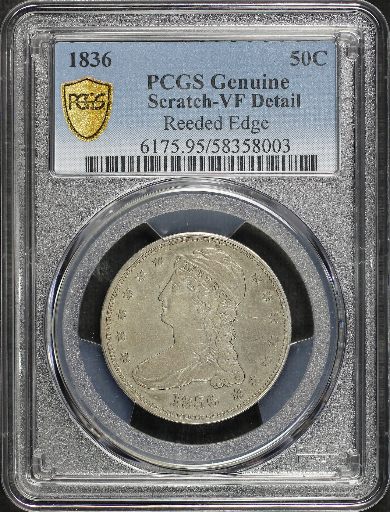 Obverse of this 1836 Capped Bust Half Dollar Reeded Edge PCGS VF Details Scratch