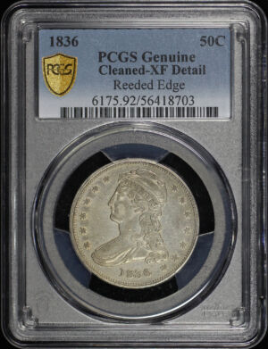 Obverse of this 1836 Capped Bust Half Dollar Reeded Edge PCGS XF Details Cleaned