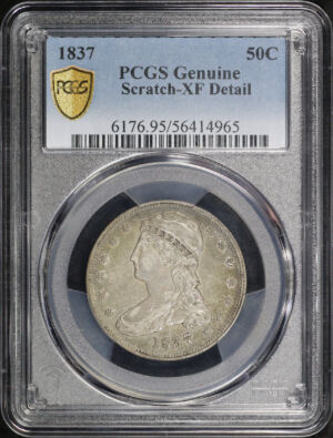 Obverse of this 1837 Capped Bust Half Dollar PCGS XF Details Scratch