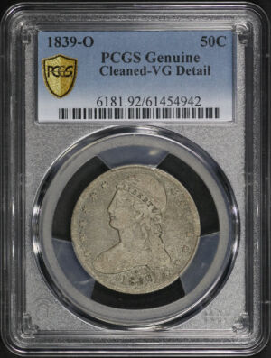 Obverse of this 1839-O Capped Bust Half Dollar PCGS VG Details Cleaned