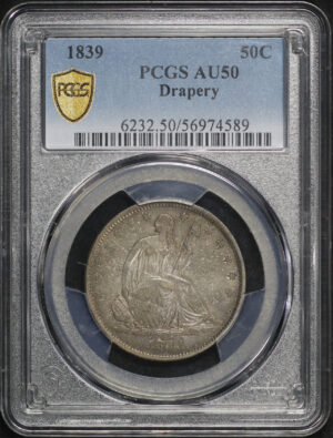 Obverse of this 1839 Liberty Seated Half Dollar with Drapery PCGS AU-50