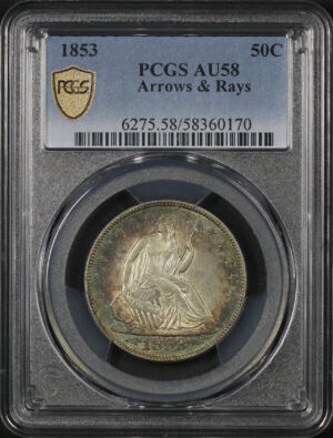 Obverse of this 1853 Liberty Seated Half Dollar Arrows & Rays PCGS AU-58