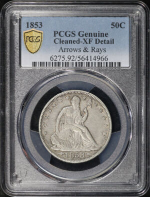 Obverse of this 1853 Liberty Seated Half Dollar with Arrows & Rays PCGS XF Details Cleaned