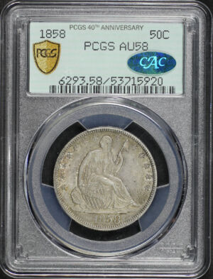 Obverse of this 1858 Liberty Seated Half Dollar PCGS AU-58 CAC 40Th Anniversary