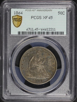 Obverse of this 1864 Liberty Seated Half Dollar PCGS XF-45 40th Anniversary Old Green Older 
