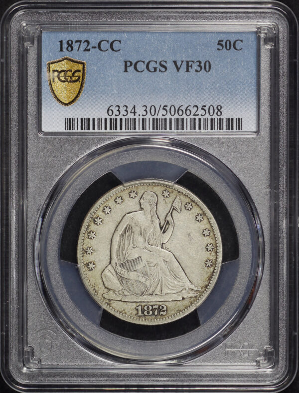Obverse of this 1872-CC Liberty Seated Half Dollar PCGS VF-30