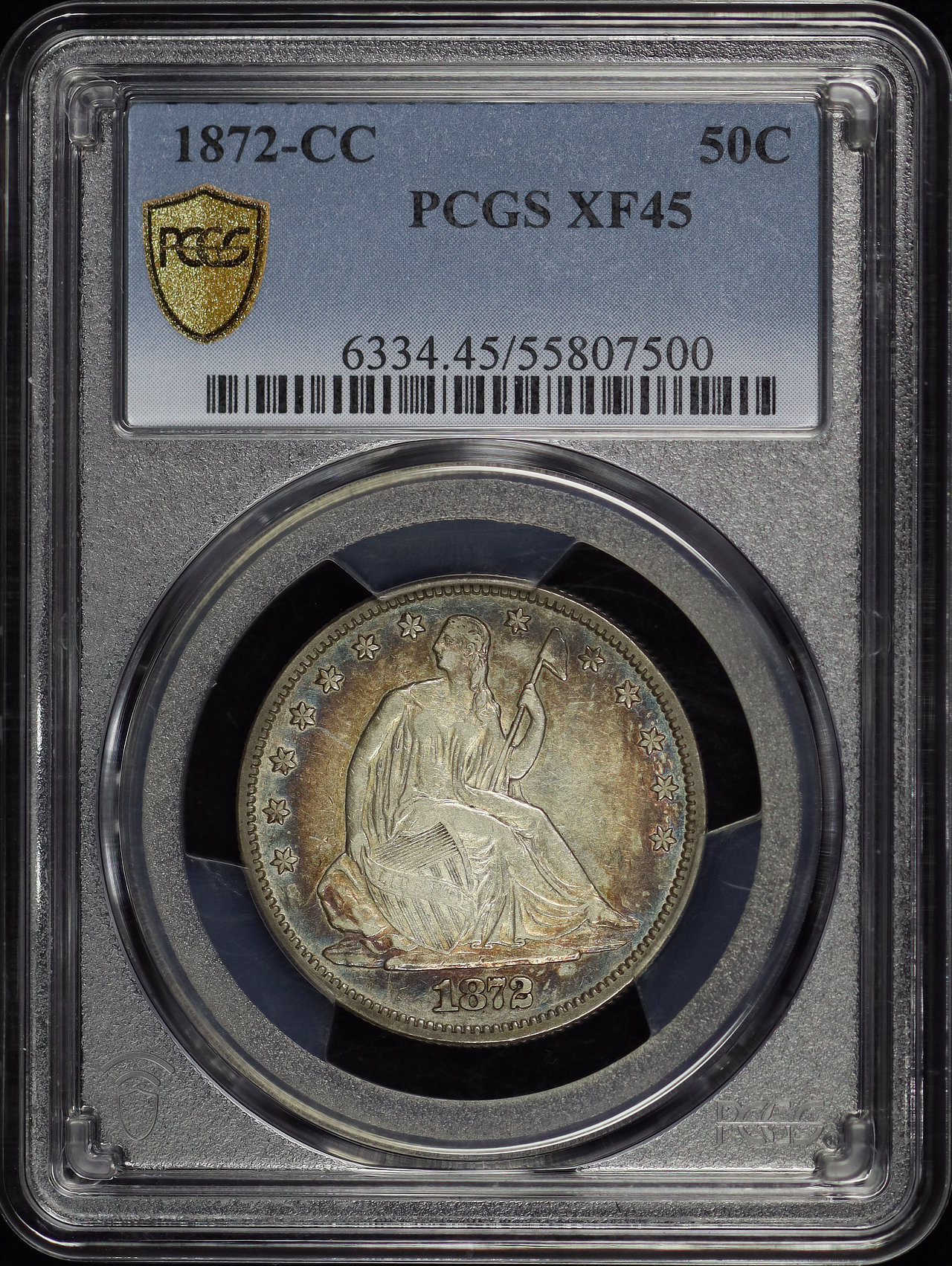 Obverse of this 1872-CC Liberty Seated Half Dollar PCGS XF-45