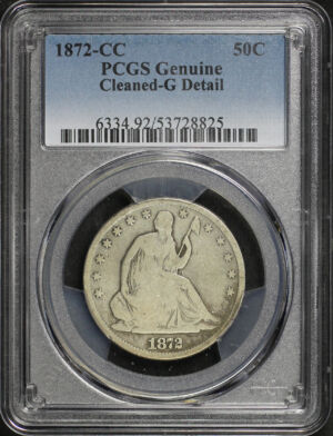Obverse of this 1872-CC Liberty Seated Half Dollar PCGS G Details Cleaned