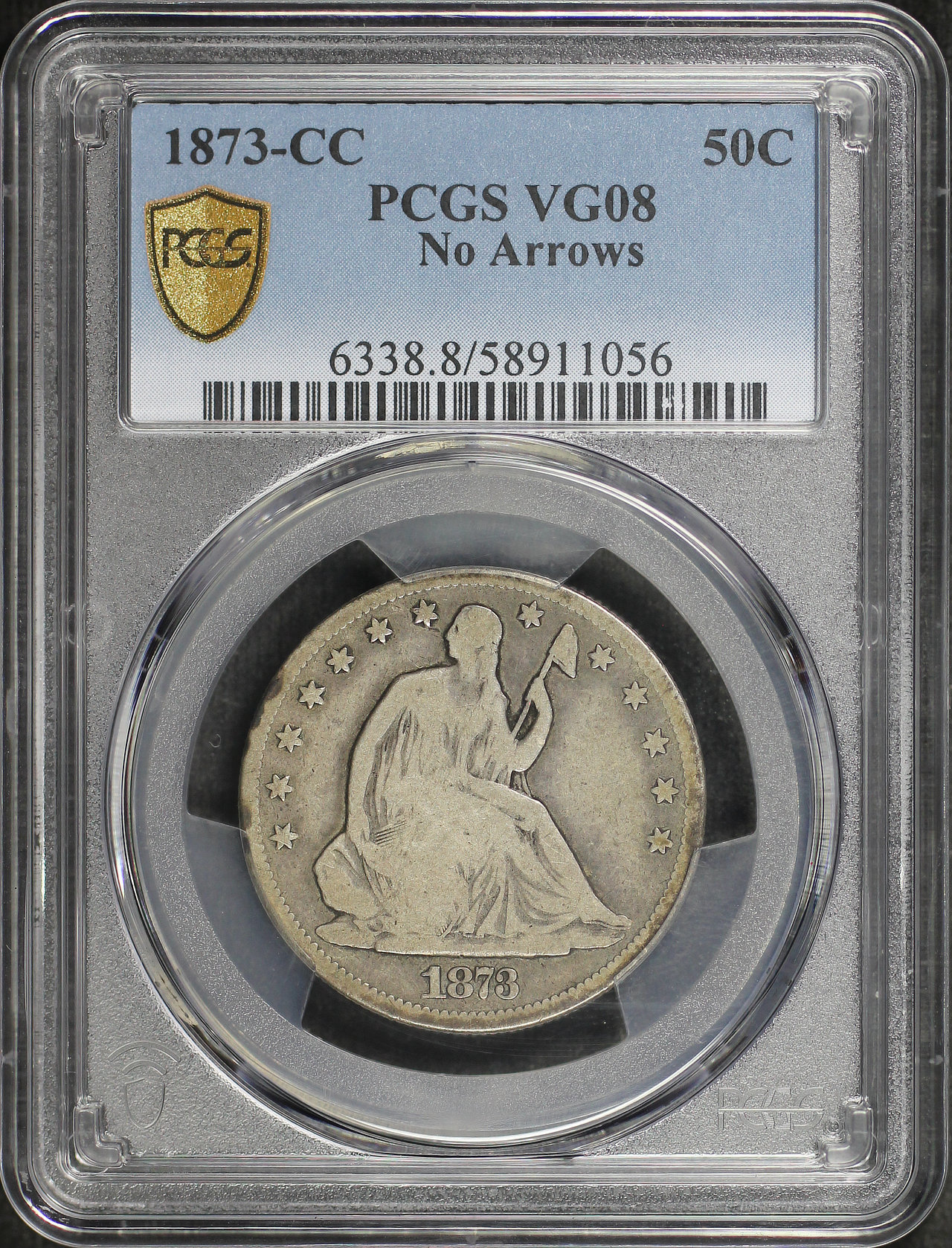 Obverse of this 1873-CC Liberty Seated Half Dollar No Arrows PCGS VG-08