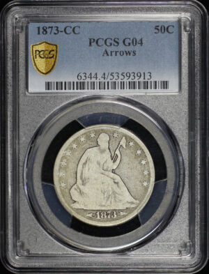 Obverse of this 1873-CC Liberty Seated Half Dollar Arrows PCGS G-04