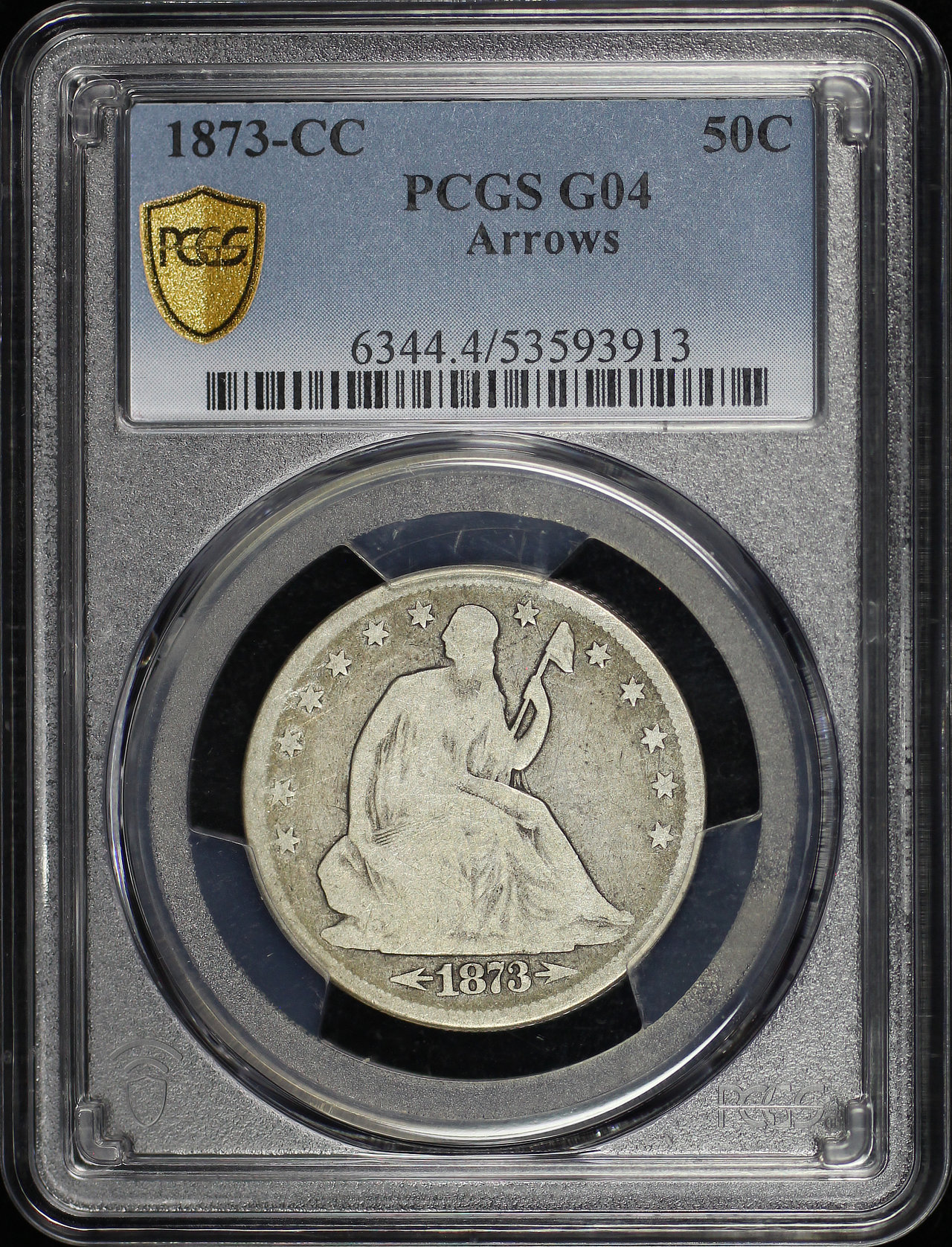 Obverse of this 1873-CC Liberty Seated Half Dollar Arrows PCGS G-04