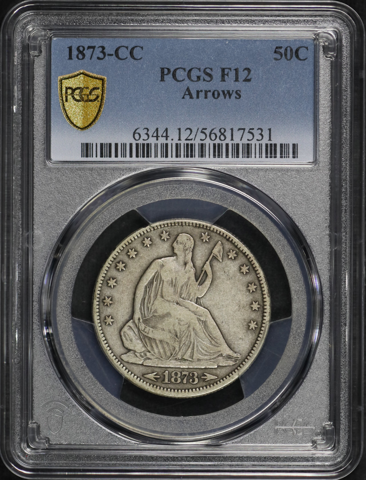 Obverse of this 1873-CC Liberty Seated Half Dollar with Arrows PCGS F-12