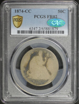 Obverse of this 1874-CC Liberty Seated Half Dollar Arrows PCGS FR-02 CAC