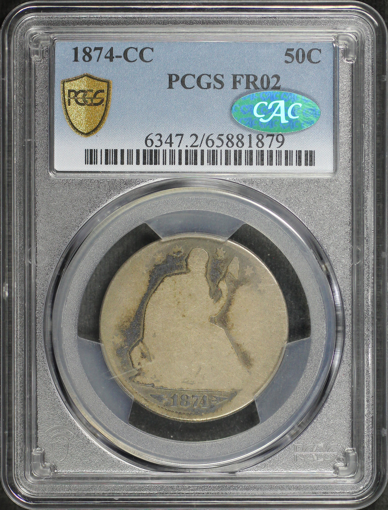 Obverse of this 1874-CC Liberty Seated Half Dollar Arrows PCGS FR-02 CAC