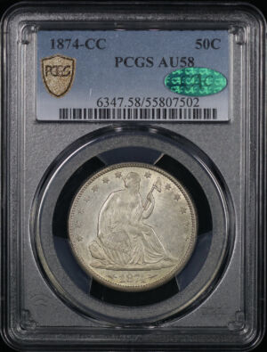 Obverse of this 1874-CC Liberty Seated Half Dollar Arrows PCGS AU-58 CAC