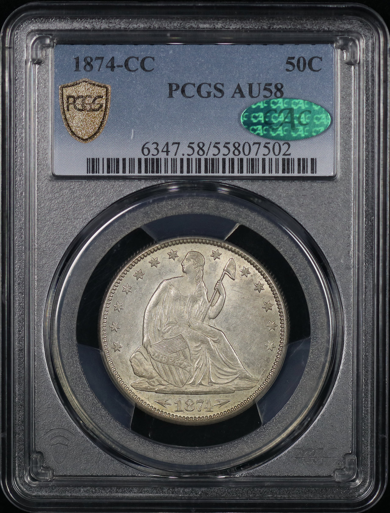 Obverse of this 1874-CC Liberty Seated Half Dollar Arrows PCGS AU-58 CAC