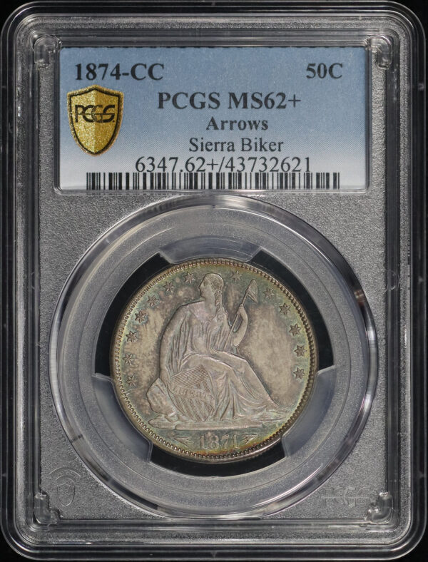Obverse of this 1874-CC Liberty Seated Half Dollar Arrows PCGS MS-62+ Sierra Biker Hoard