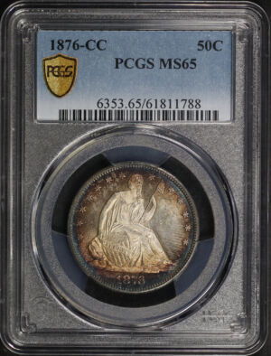 Obverse of this 1876-CC Liberty Seated Half Dollar PCGS MS-65 Rainbow Toning 