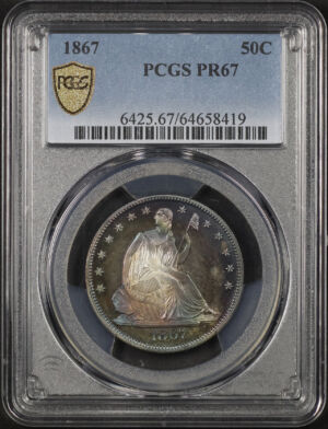 Obverse of this 1867 Liberty Seated Half Dollar PCGS PR-67 Rainbow Toning 