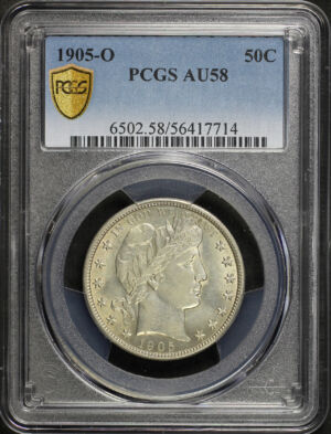 Obverse of this 1905-O Barber Half Dollar PCGS AU-58