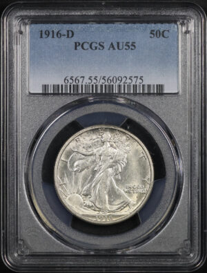 Obverse of this 1916-D Walking Liberty Half Dollar PCGS AU-55