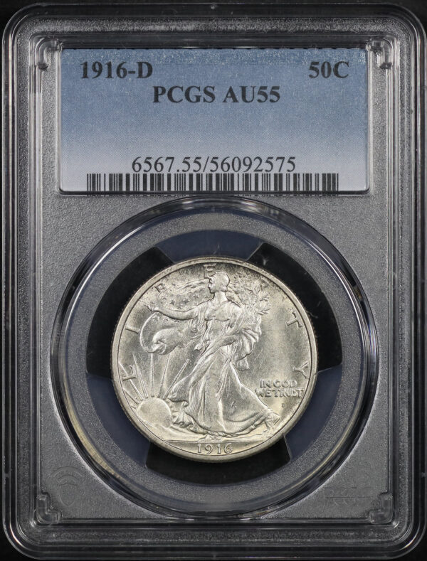 Obverse of this 1916-D Walking Liberty Half Dollar PCGS AU-55