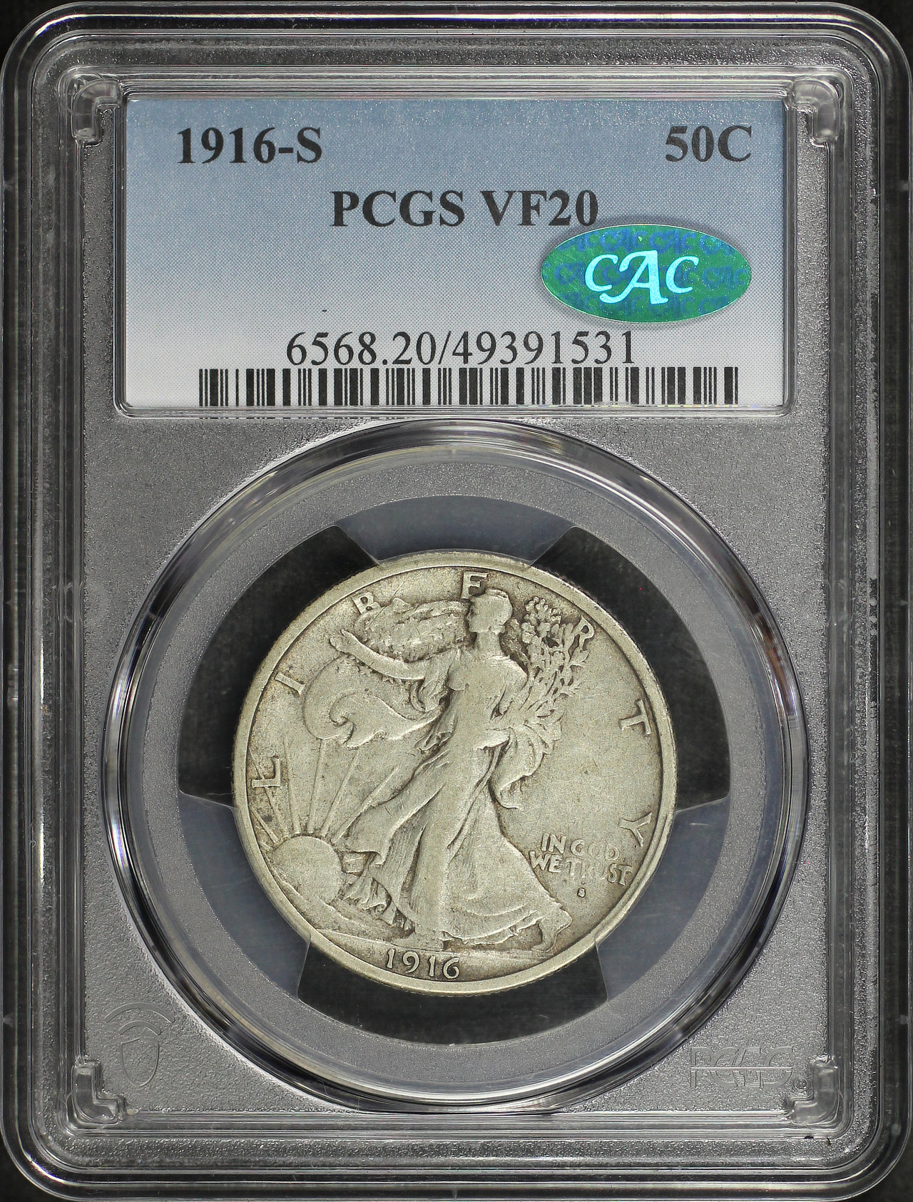 Obverse of this 1916-S Walking Liberty Half Dollar PCGS VF-20 CAC