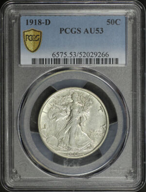 Obverse of this 1918-D Walking Liberty Half Dollar PCGS AU-53