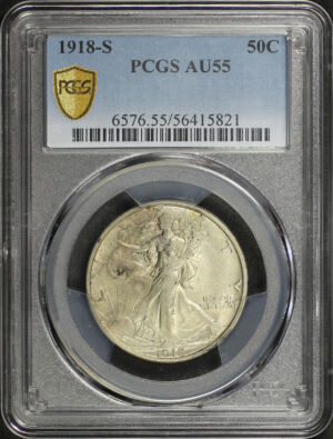 Obverse of this 1918-S Walking Liberty Half Dollar PCGS AU-55